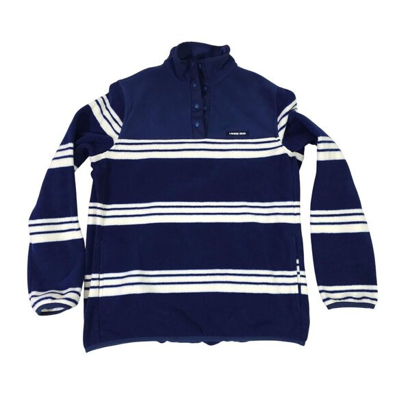 Lands End Navy Blue White Striped Fleece Pullover Sweatshirt Womens Small 6-8 - Picture 1 of 6